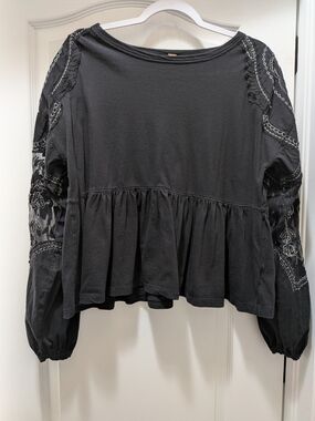 Free People Black Embroidered Peplum Blouse